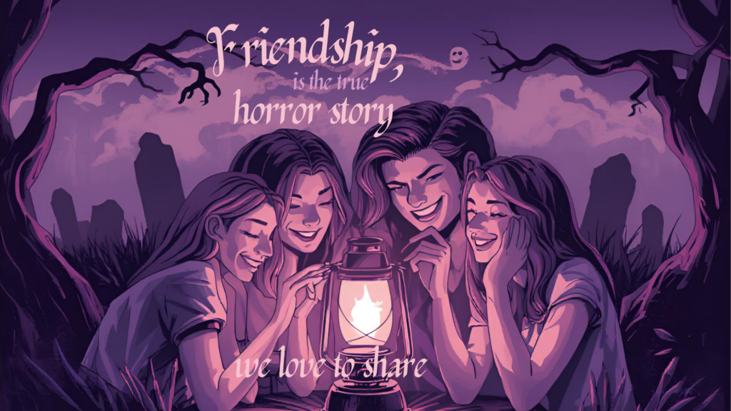 Friends gathered in warm lantern light sharing stories - horror fans friendship