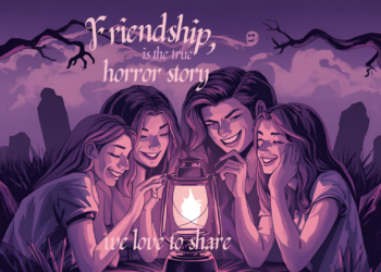 Friends gathered in warm lantern light sharing stories - horror fans friendship