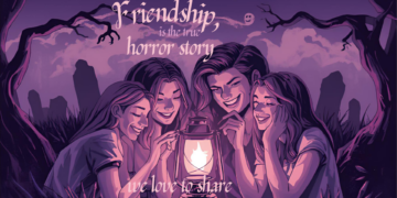 Friends gathered in warm lantern light sharing stories - horror fans friendship